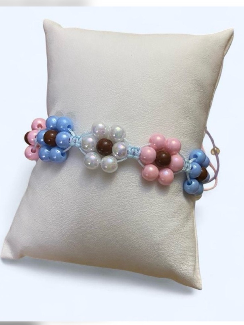 Handmade Flower macrame knotted Bracelet - Pastel Pink, Blue & White